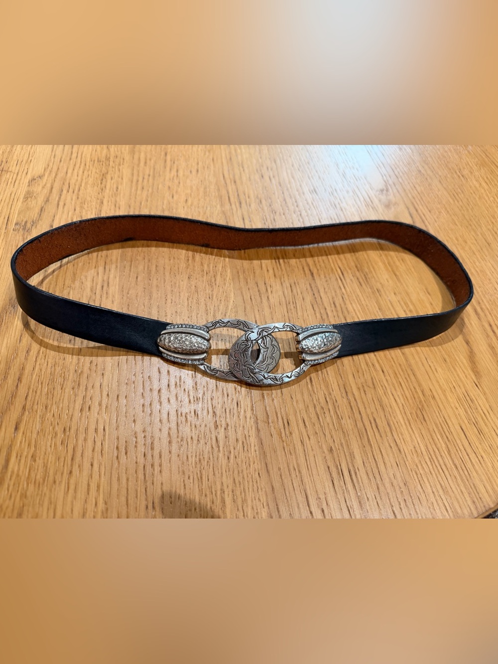 Vintage Chico's Black Leather Belt with Decorative Silver-Tone Buckle